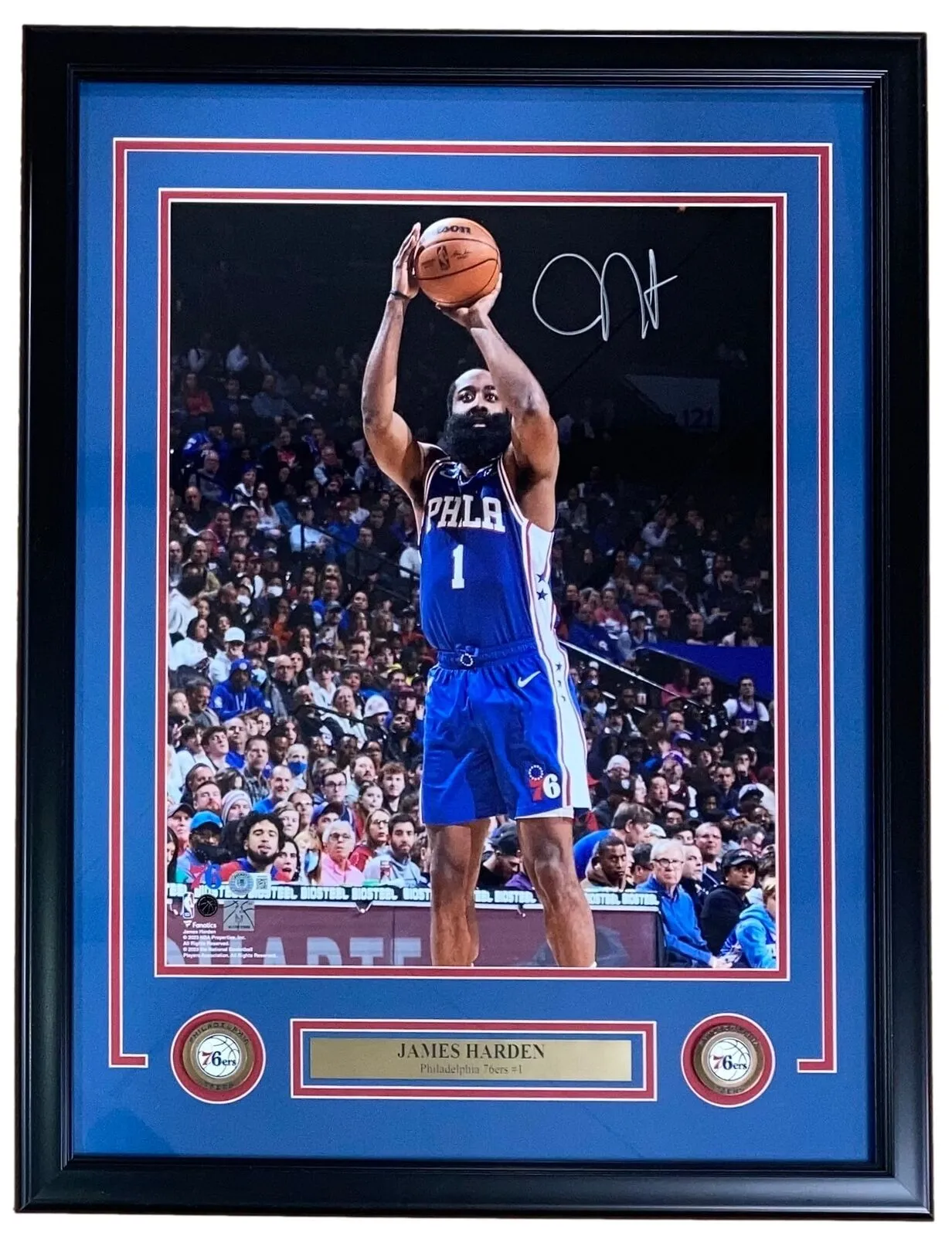 James Harden Signed Framed 16x20 Philadelphia 76ers Blue Jersey Photo BAS ITP