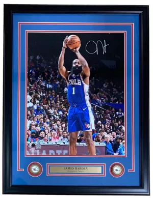 James Harden Signed Framed 16x20 Philadelphia 76ers Blue Jersey Photo BAS ITP