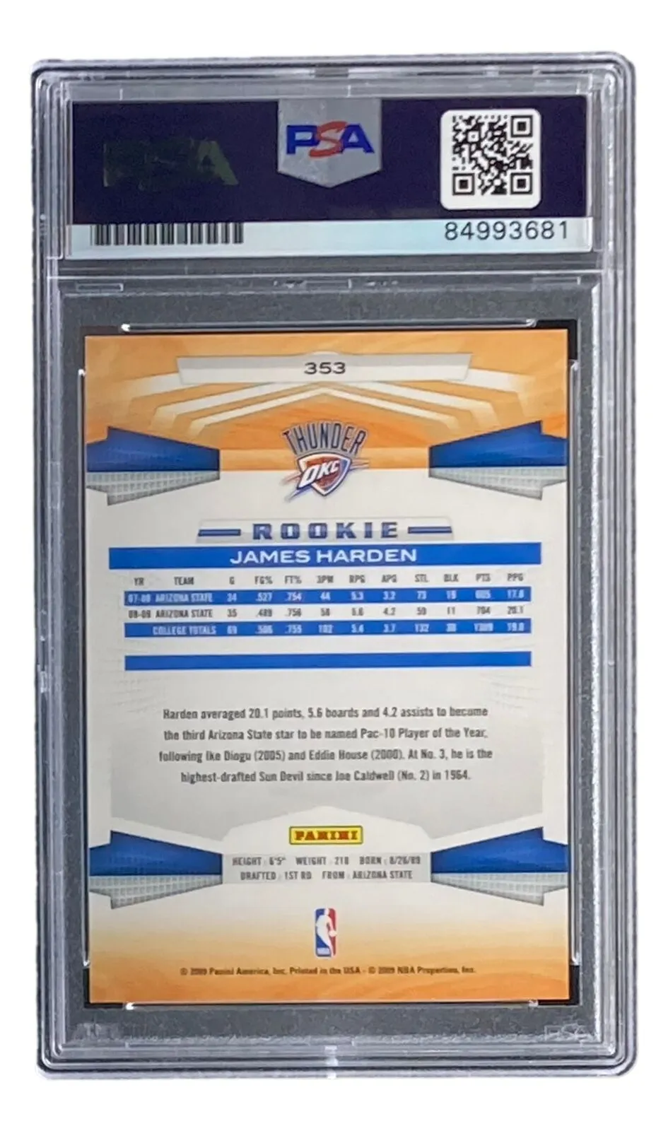 James Harden Signed Slabbed 2009 Panini #353 Rookie Card PSA/DNA Gem MT 10