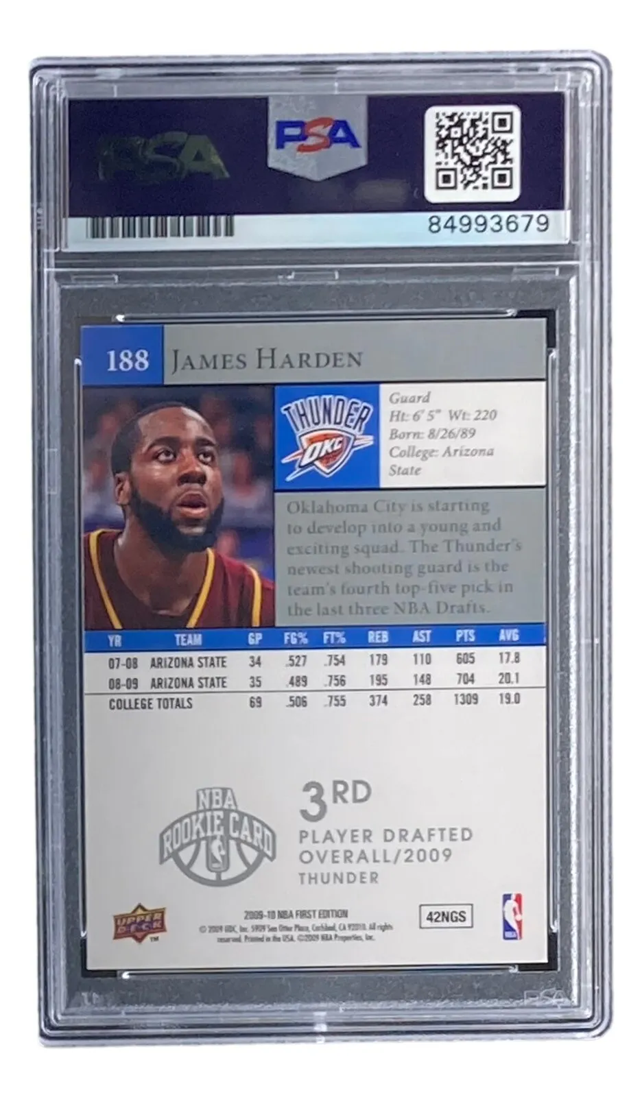 James Harden Signed Slabbed 2009 Upper Deck #188 Rookie Card PSA/DNA Gem MT 10