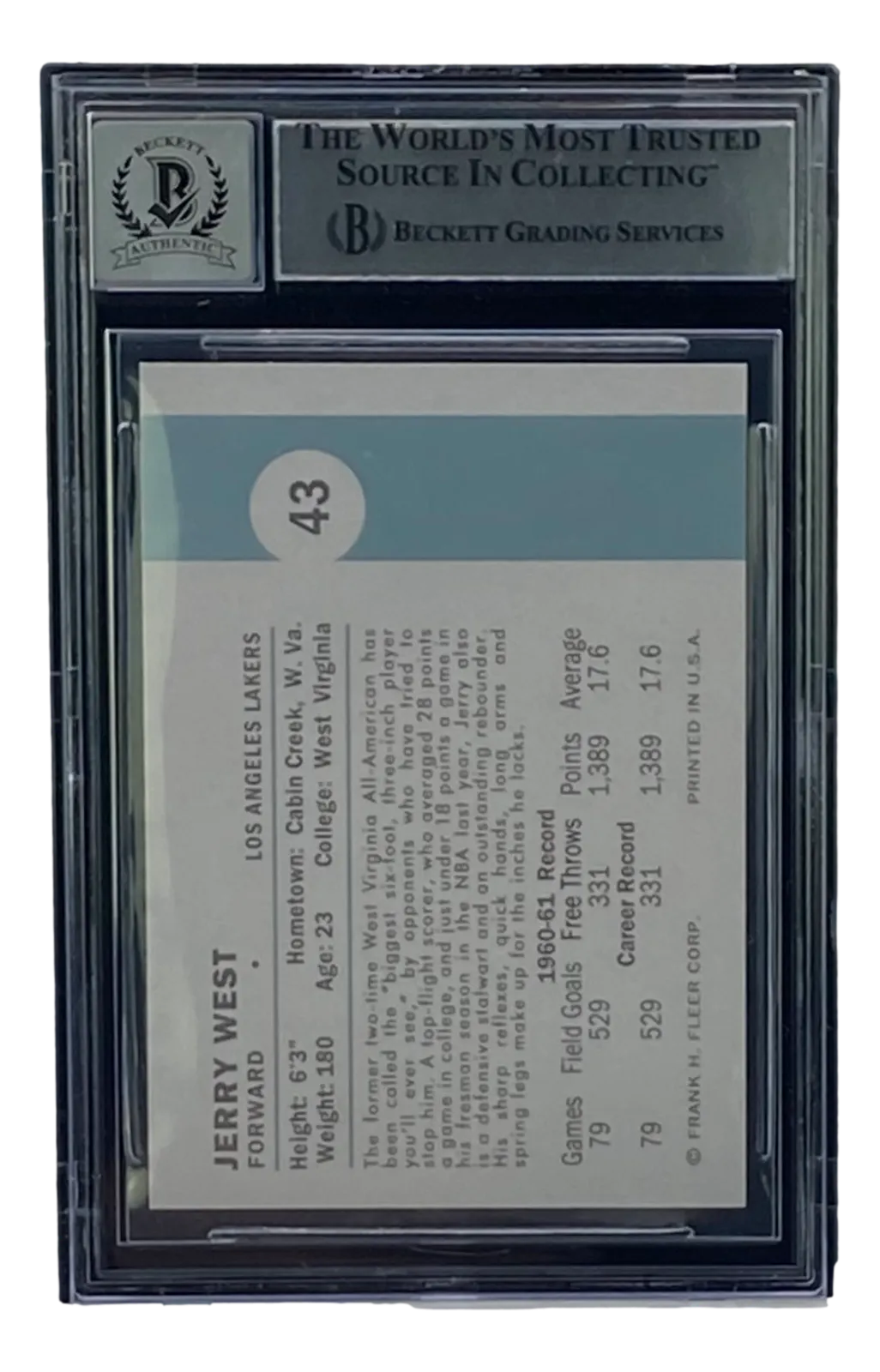Jerry West Signed LA Lakers Reprint 1961 Fleer Rookie Card #43 BAS