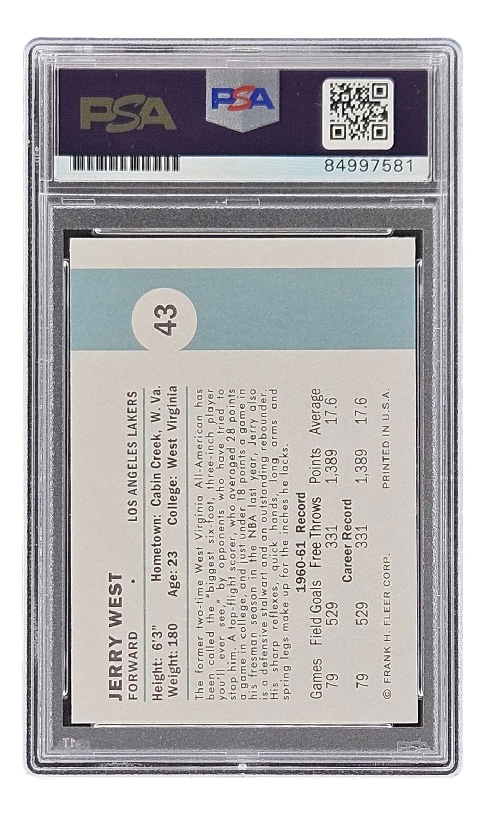 Jerry West Signed Lakers Reprint 1961 Fleer Rookie Card #43 PSA/DNA 10