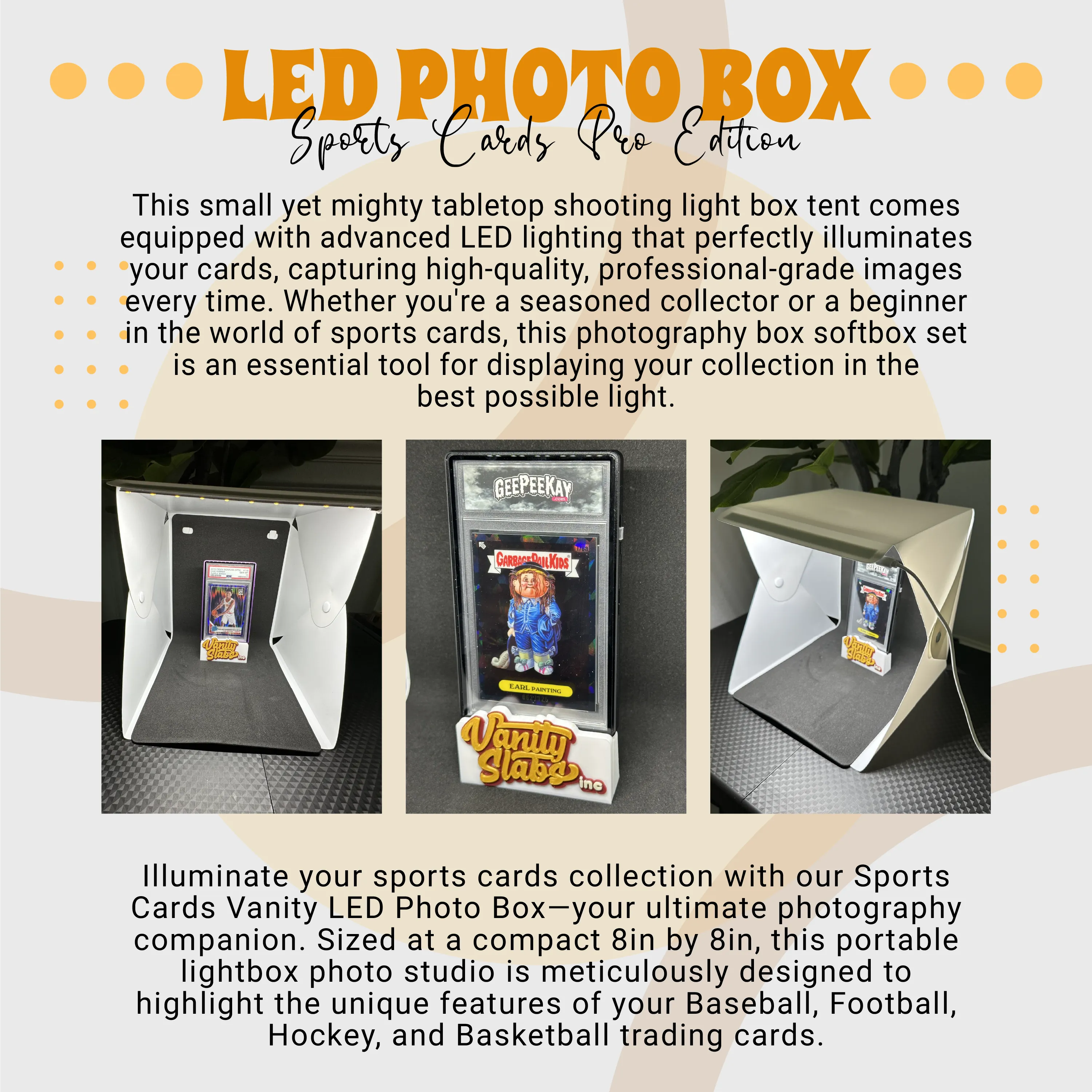 LED Photo Box Sports Cards Pro Edition 8in x 8in with USB Cable, Travel Bag and 2 Backgrounds
