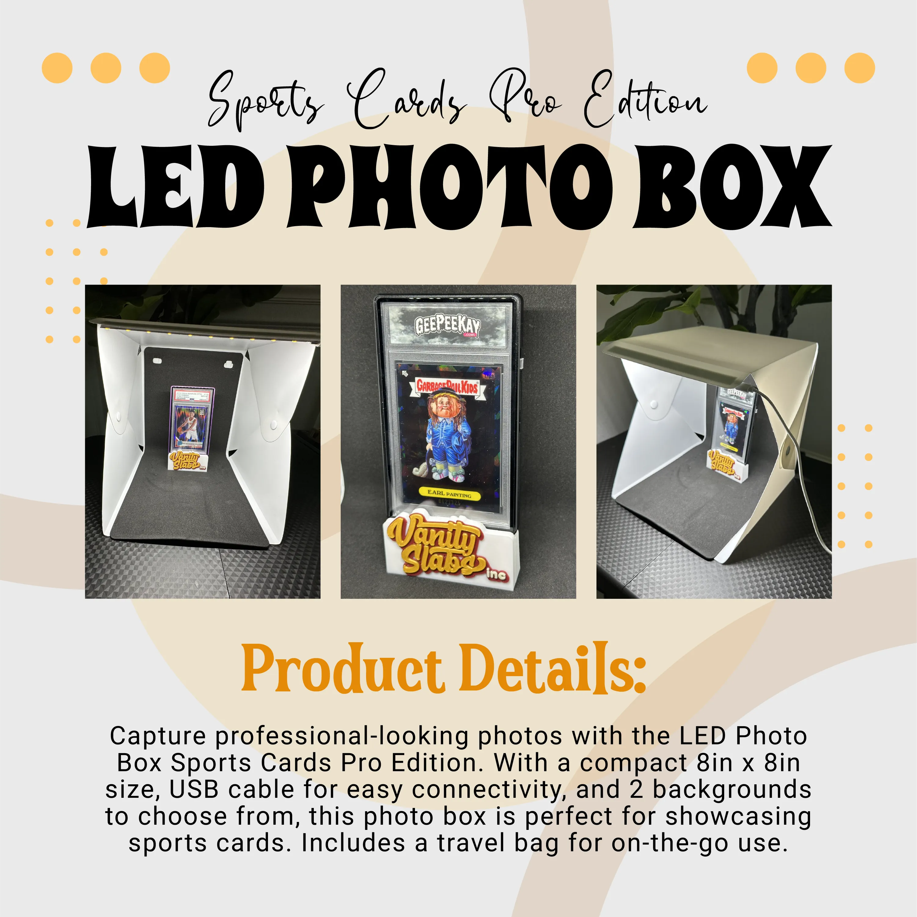 LED Photo Box Sports Cards Pro Edition 8in x 8in with USB Cable, Travel Bag and 2 Backgrounds