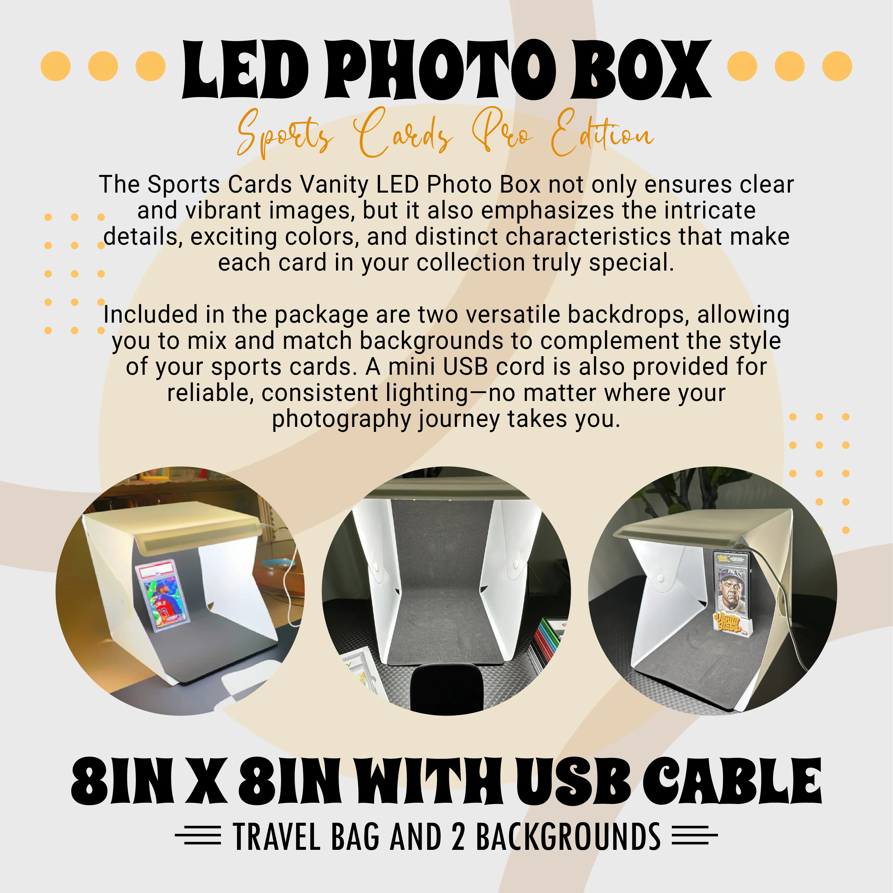 LED Photo Box Sports Cards Pro Edition 8in x 8in with USB Cable, Travel Bag and 2 Backgrounds