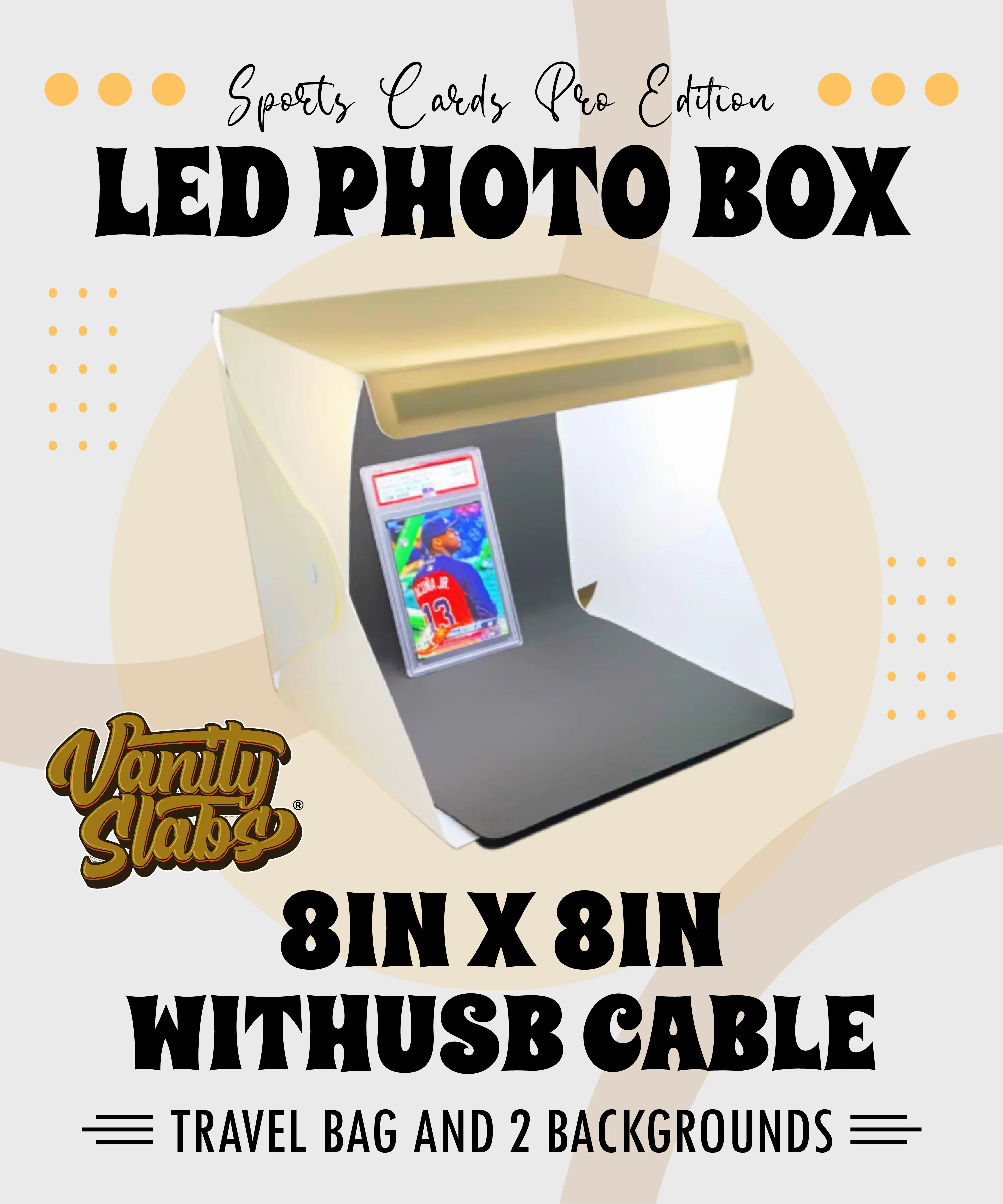 LED Photo Box Sports Cards Pro Edition 8in x 8in with USB Cable, Travel Bag and 2 Backgrounds