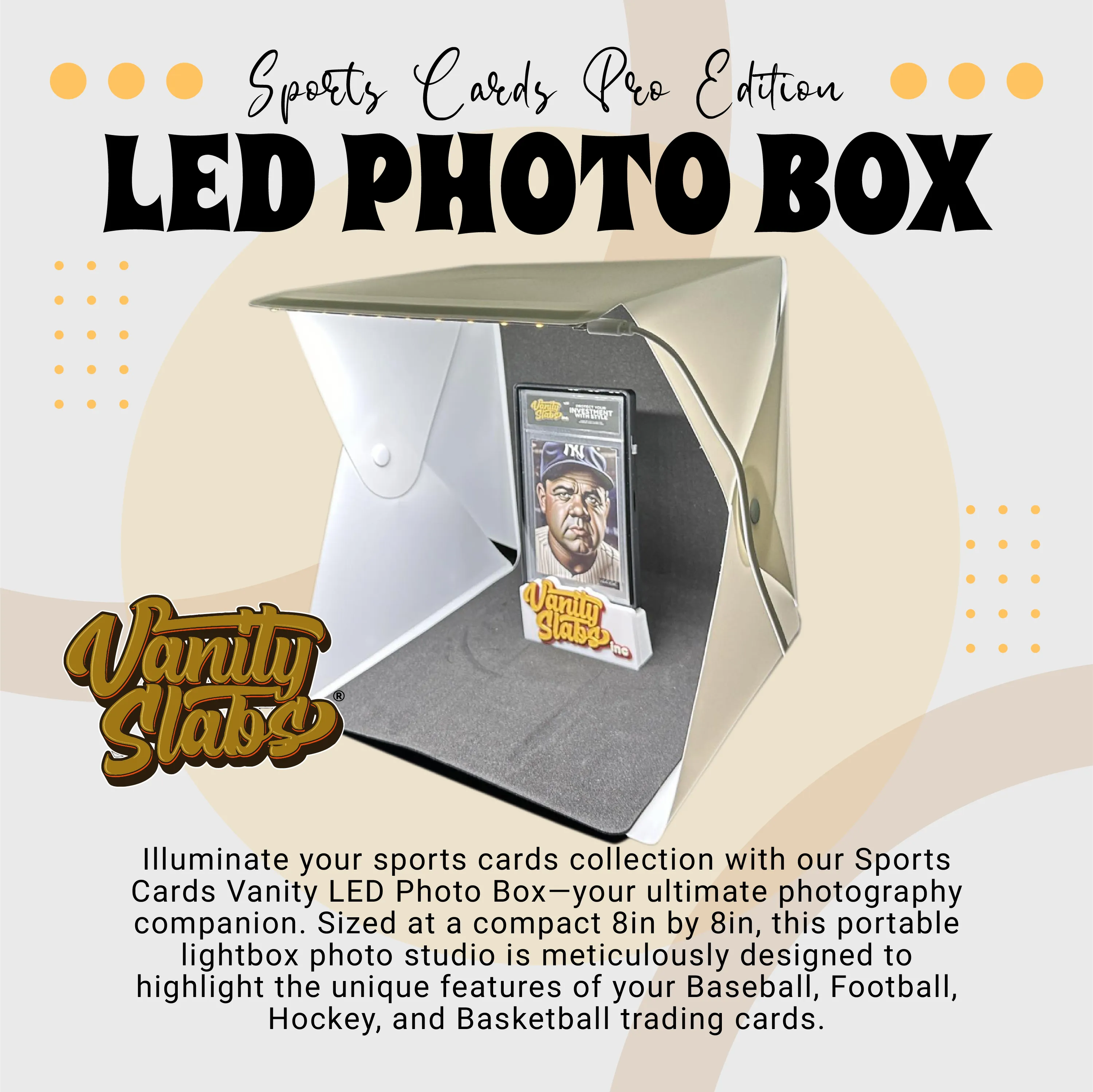 LED Photo Box Sports Cards Pro Edition 8in x 8in with USB Cable, Travel Bag and 2 Backgrounds