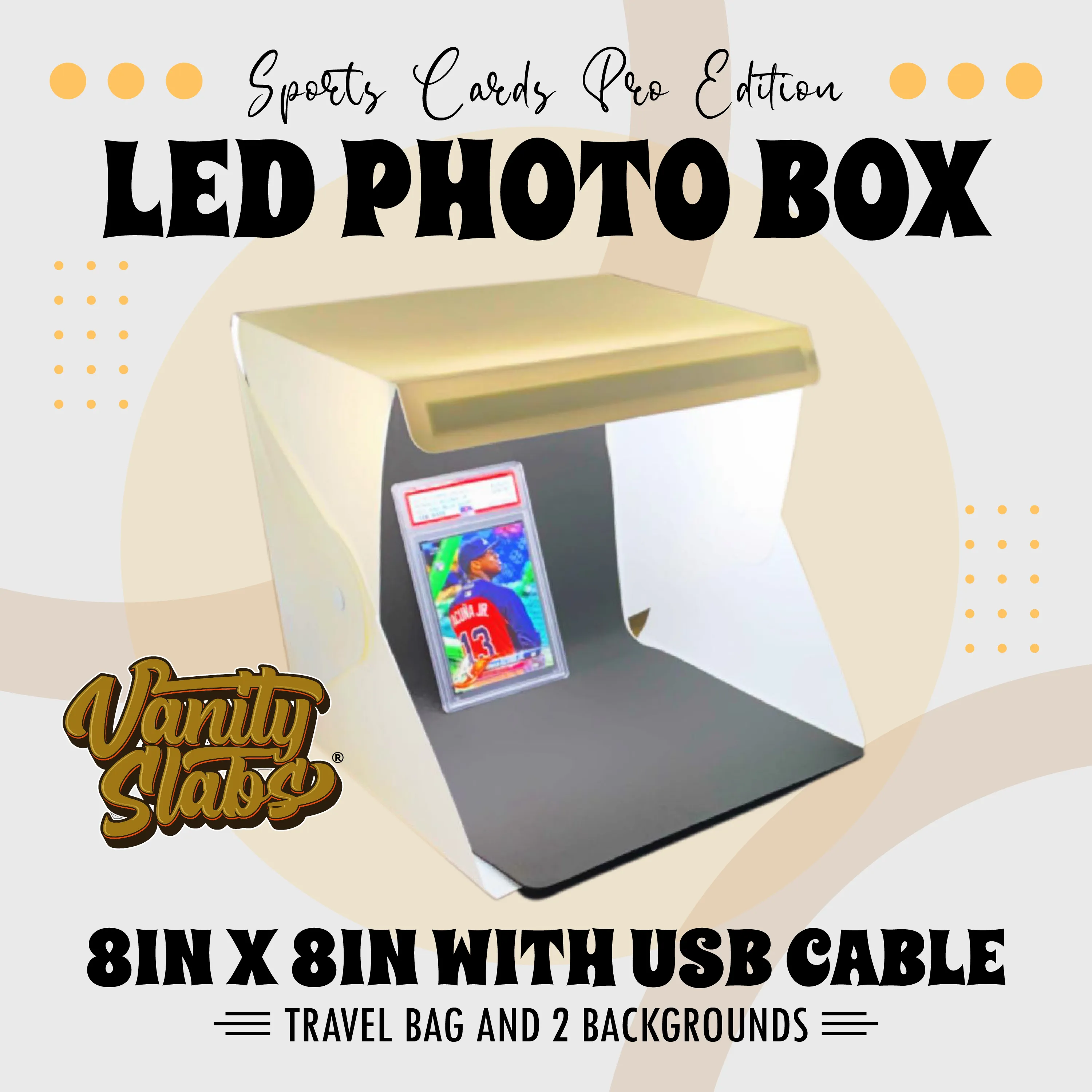 LED Photo Box Sports Cards Pro Edition 8in x 8in with USB Cable, Travel Bag and 2 Backgrounds