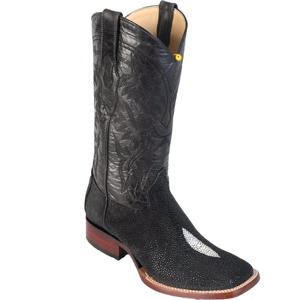 Los Altos Genuine Single Rowstone Stingray Wide Square Toe Boot in Black