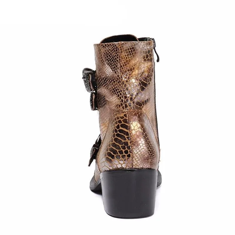 Luxury British Style Men Mid Calf Boots Genuine Leather Motorcycle Cowboy Boots Men Snake Skin Boots Dress Shoes