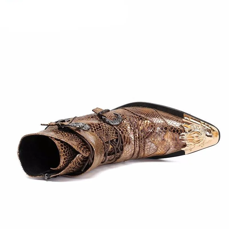 Luxury British Style Men Mid Calf Boots Genuine Leather Motorcycle Cowboy Boots Men Snake Skin Boots Dress Shoes