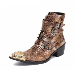 Luxury British Style Men Mid Calf Boots Genuine Leather Motorcycle Cowboy Boots Men Snake Skin Boots Dress Shoes