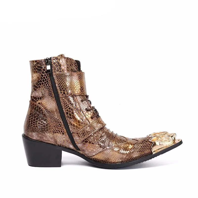 Luxury British Style Men Mid Calf Boots Genuine Leather Motorcycle Cowboy Boots Men Snake Skin Boots Dress Shoes