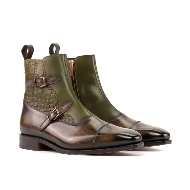 Luxury Edition - Luxury Edition - Green Crocodile Print Italian Leather Campinas Slip On Zipper Boots  With Brown Leather Patina - Alligator Print - Boots