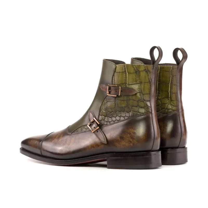 Luxury Edition - Luxury Edition - Green Crocodile Print Italian Leather Campinas Slip On Zipper Boots  With Brown Leather Patina - Alligator Print - Boots