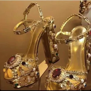 Luxury Gold Metallic Leather Chunky Heel Sandals