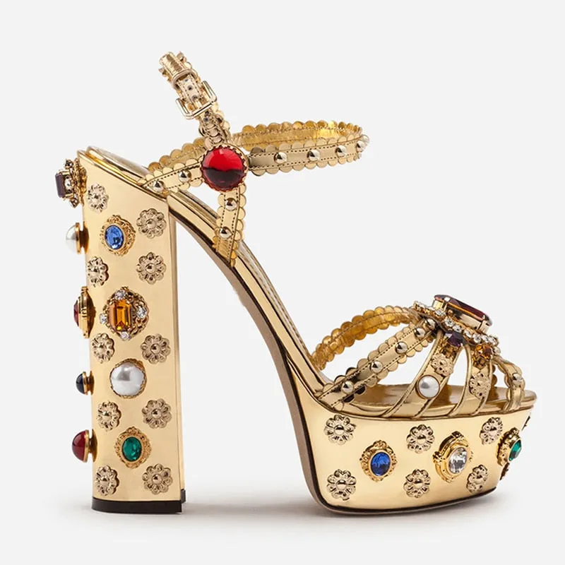Luxury Gold Metallic Leather Chunky Heel Sandals