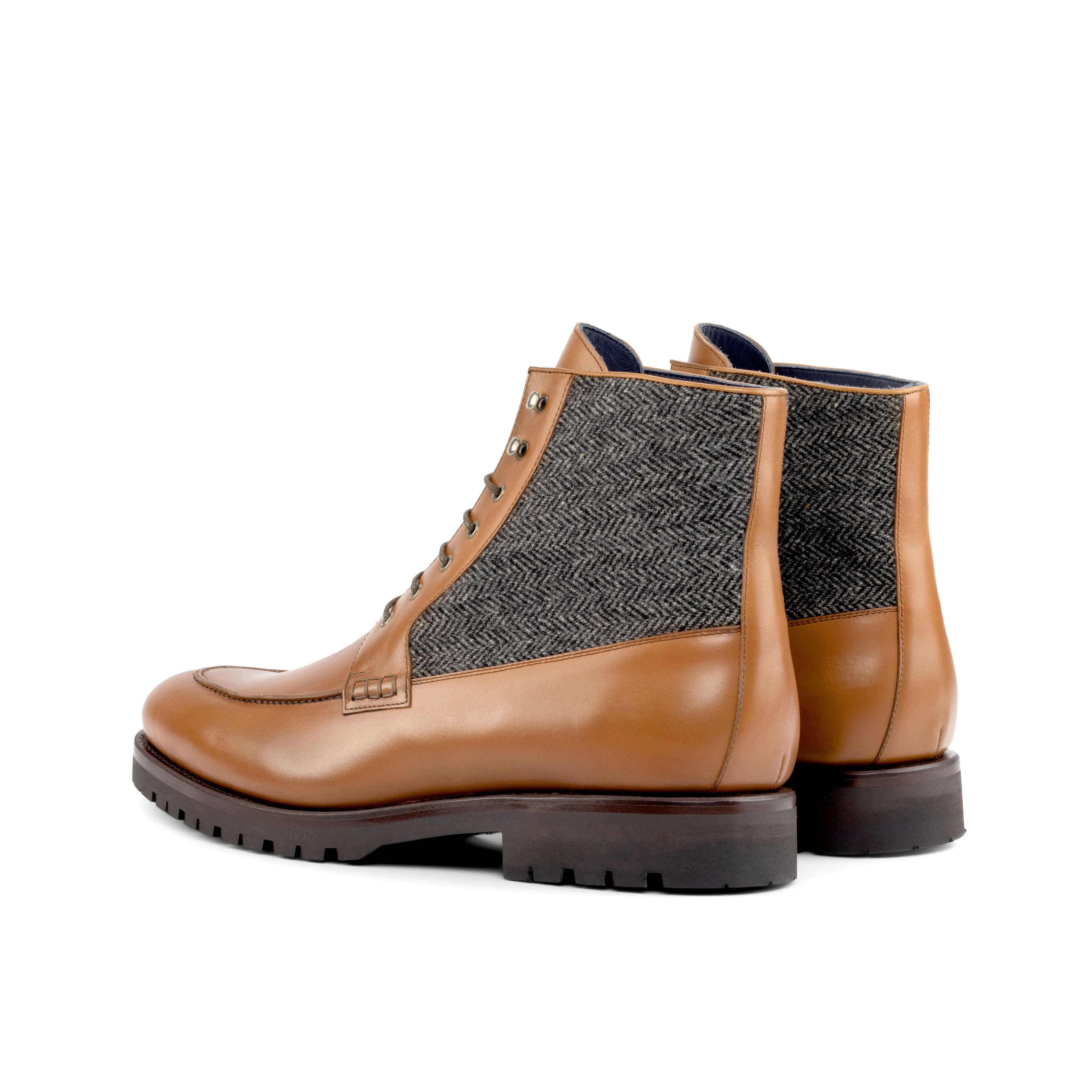 Medium Brown Calf Leather & Herringbone Moc-Toe Boots