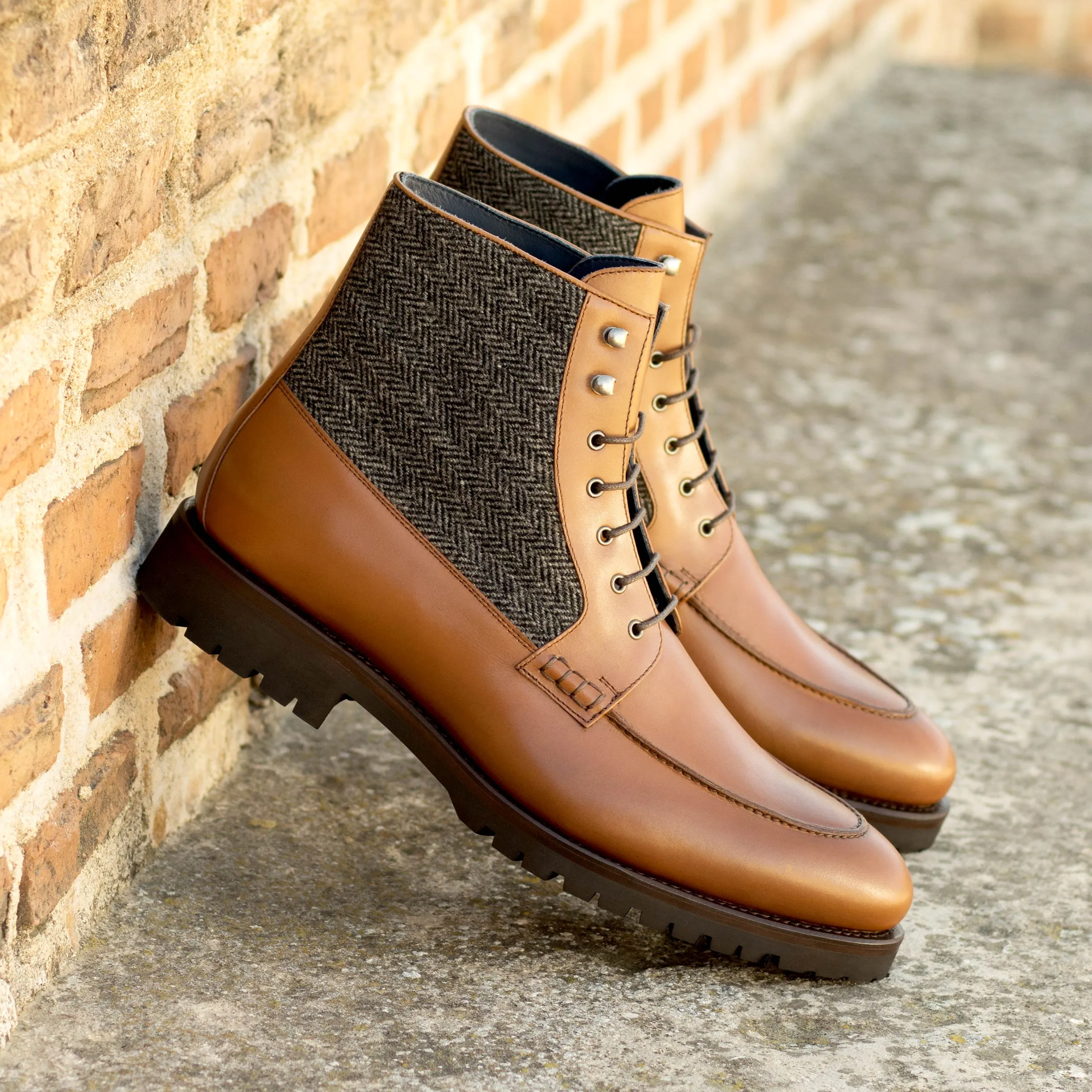 Medium Brown Calf Leather & Herringbone Moc-Toe Boots