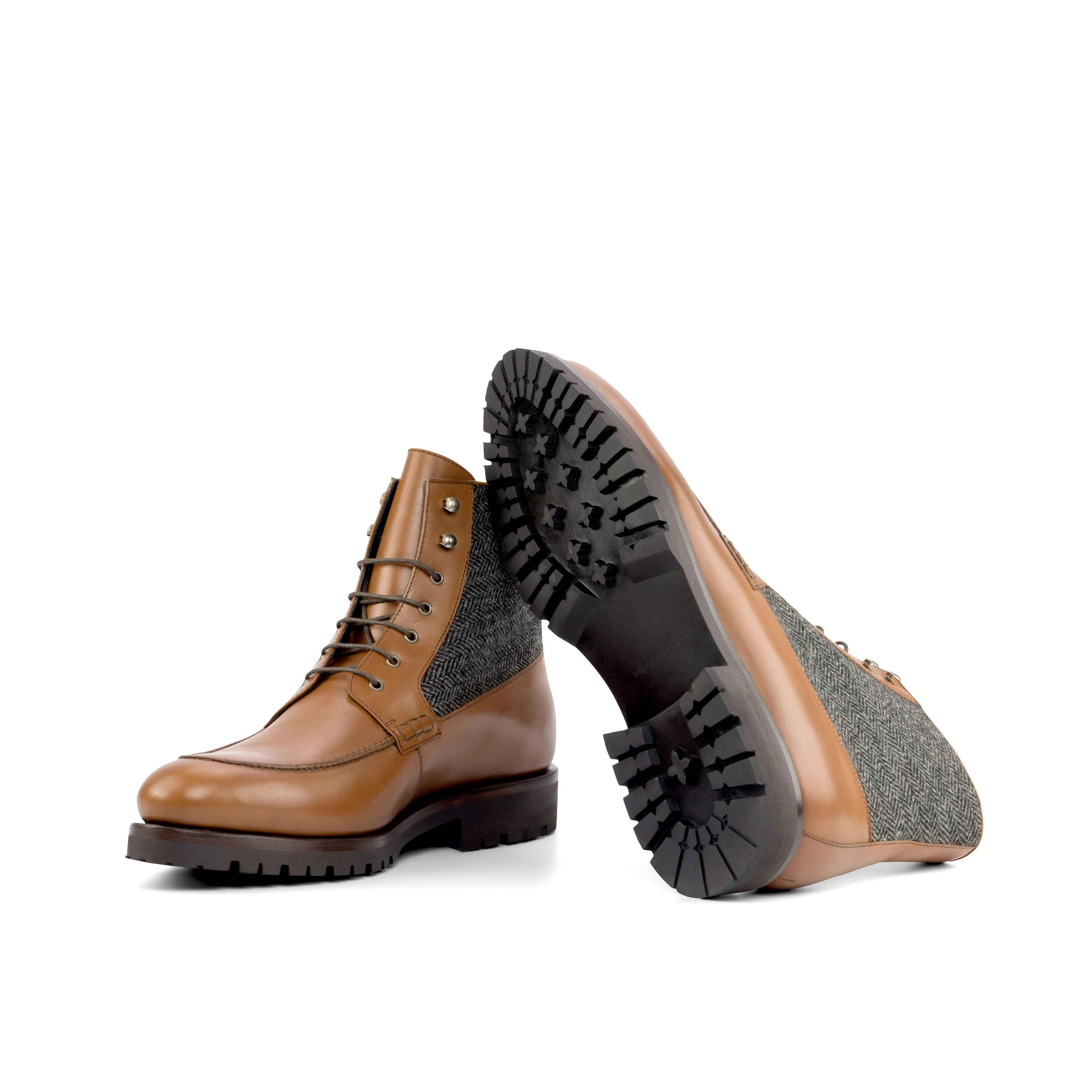 Medium Brown Calf Leather & Herringbone Moc-Toe Boots