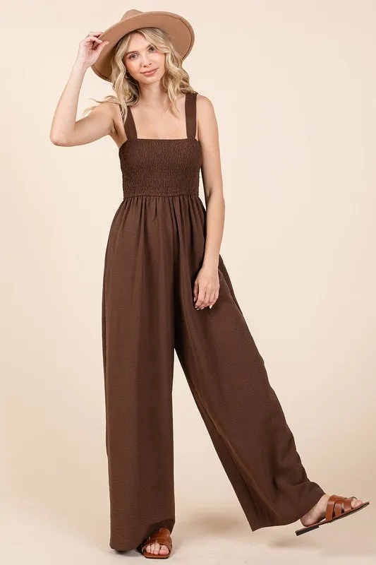 Mittoshop Smocked Wide Strap Wide Leg Overalls
