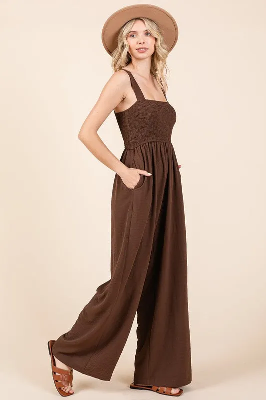 Mittoshop Smocked Wide Strap Wide Leg Overalls