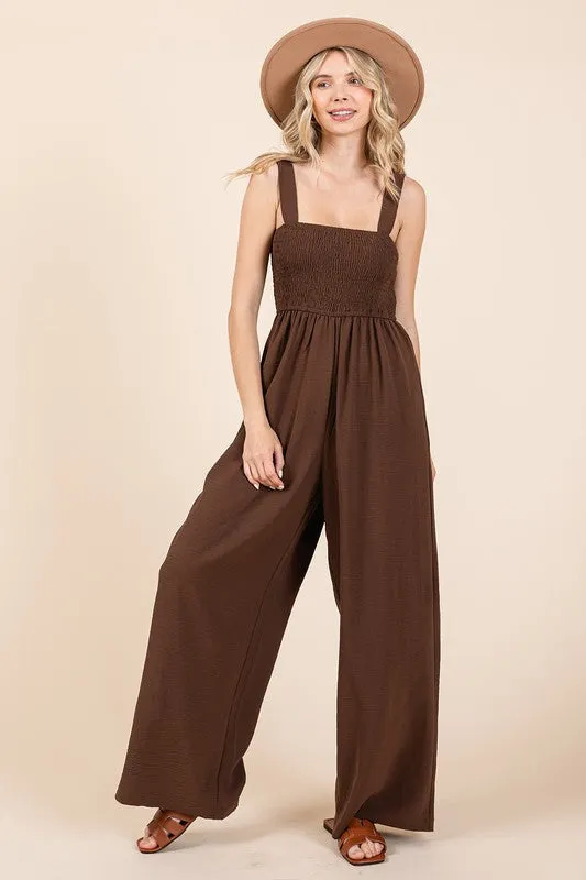 Mittoshop Smocked Wide Strap Wide Leg Overalls