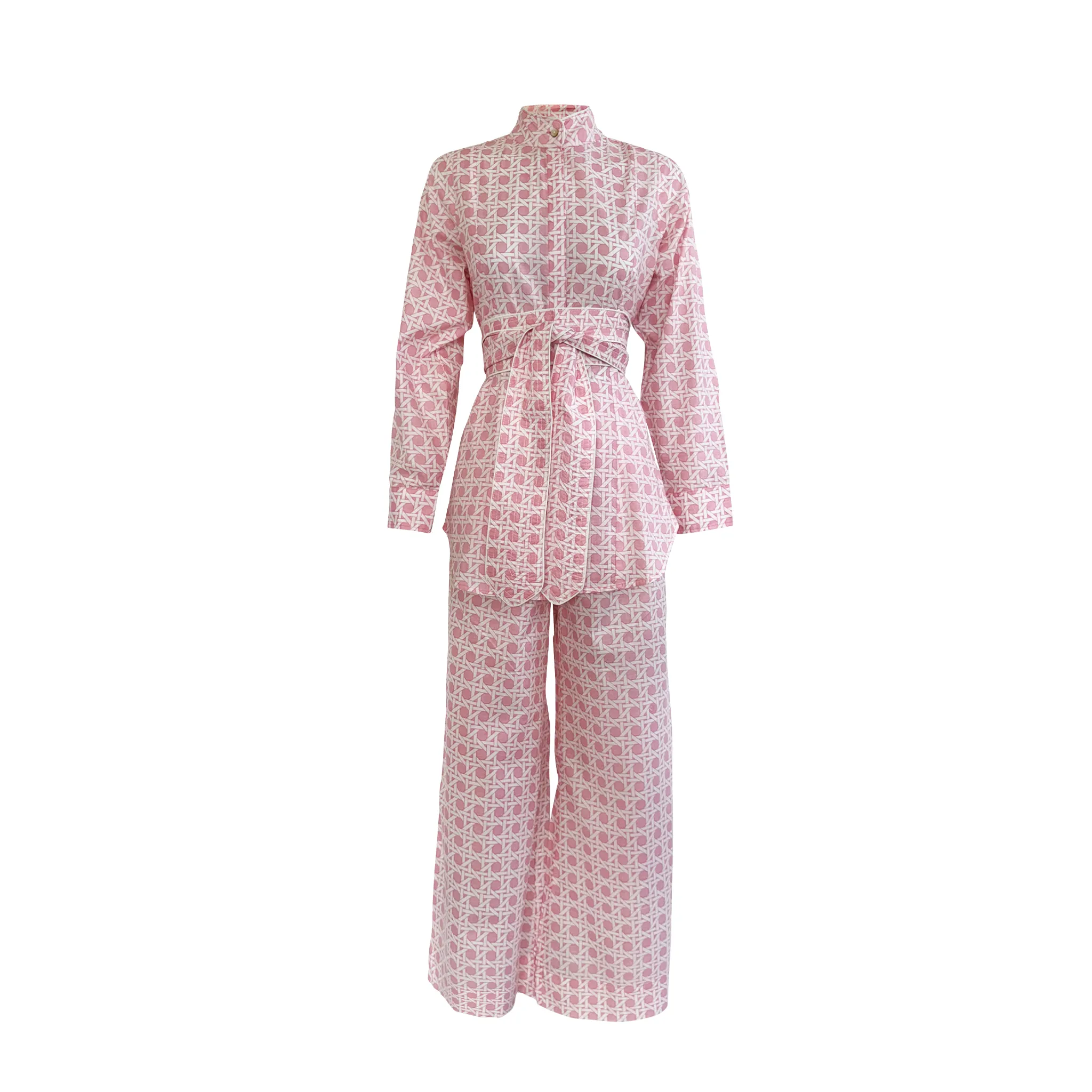 Pastel Pink Rattan Pattern Print Wide Leg Pant