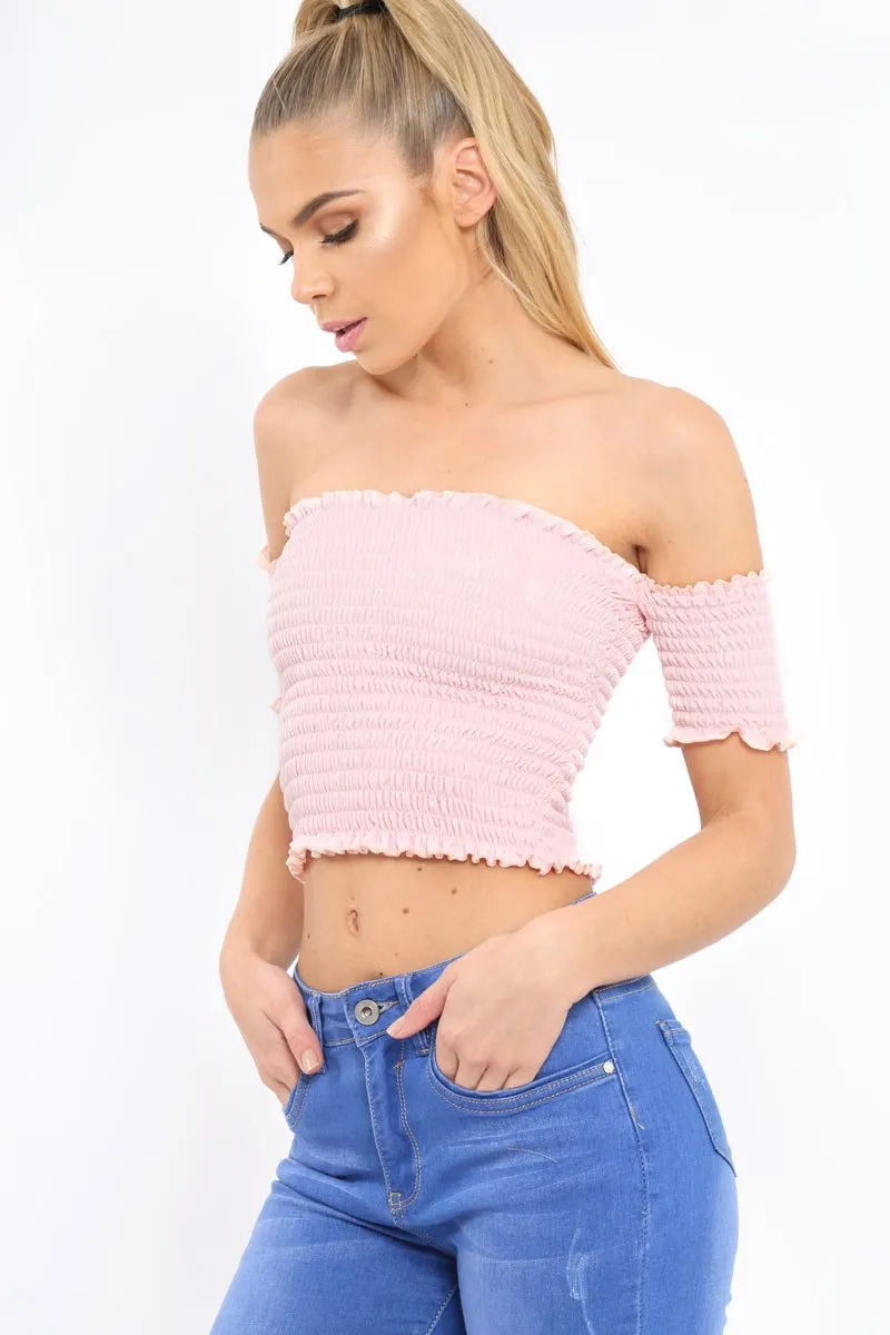 Pink Bardot Frill Shirred Crop Top - Kailah