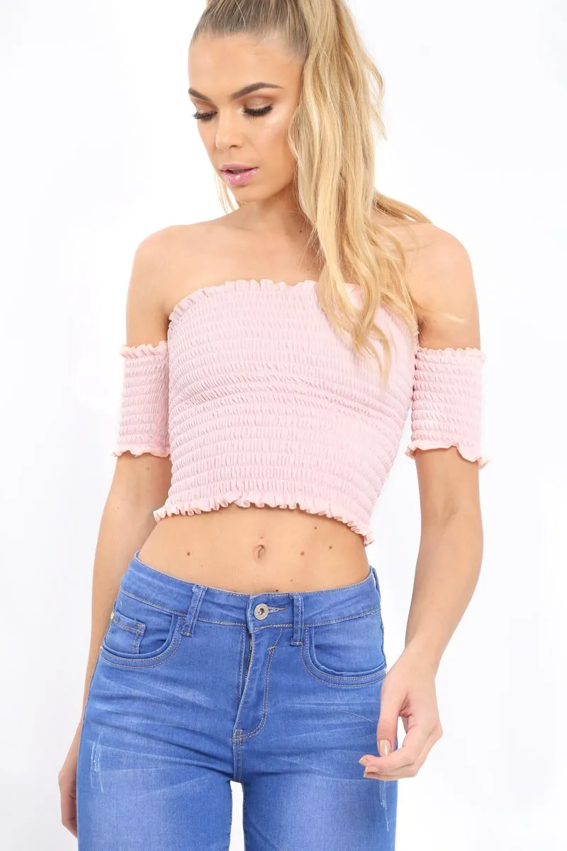 Pink Bardot Frill Shirred Crop Top - Kailah