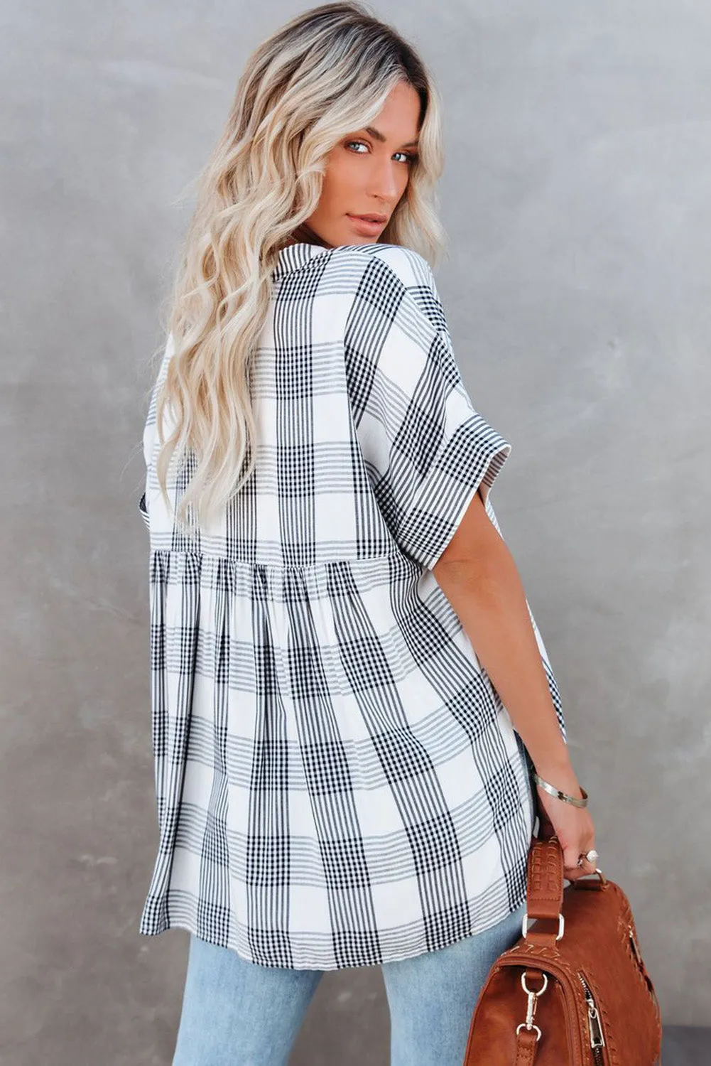 Plaid Print Loose V Neck Short Sleeve Shirt with Slits