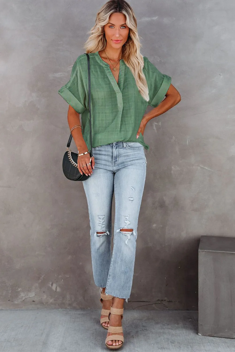 Plaid Print Loose V Neck Short Sleeve Shirt with Slits