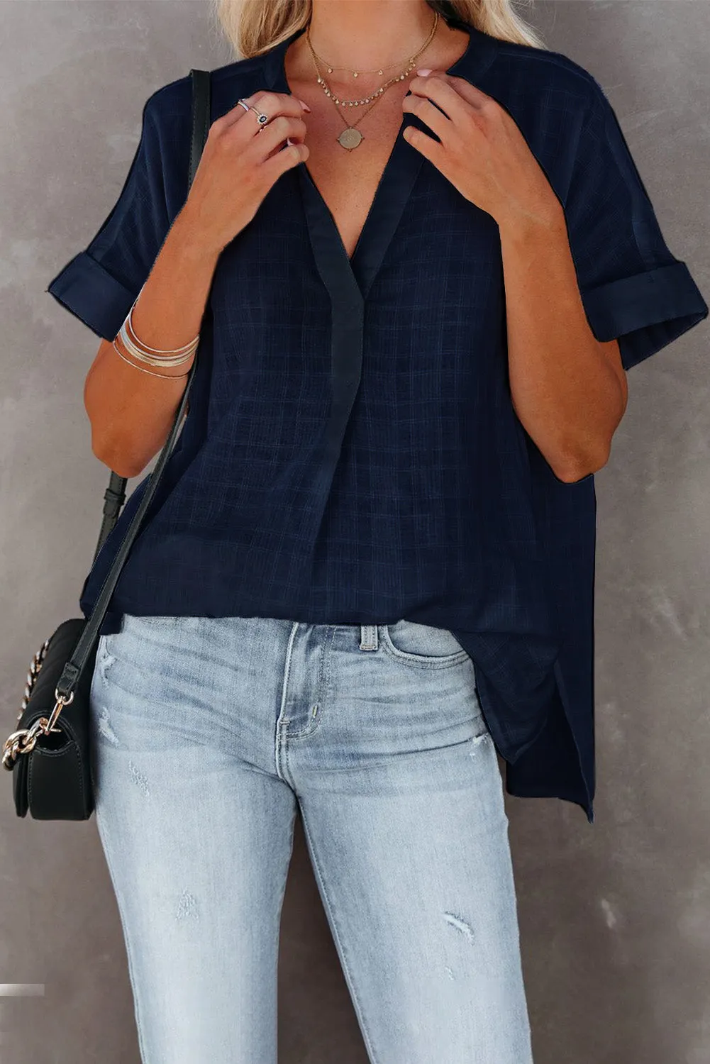 Plaid Print Loose V Neck Short Sleeve Shirt with Slits