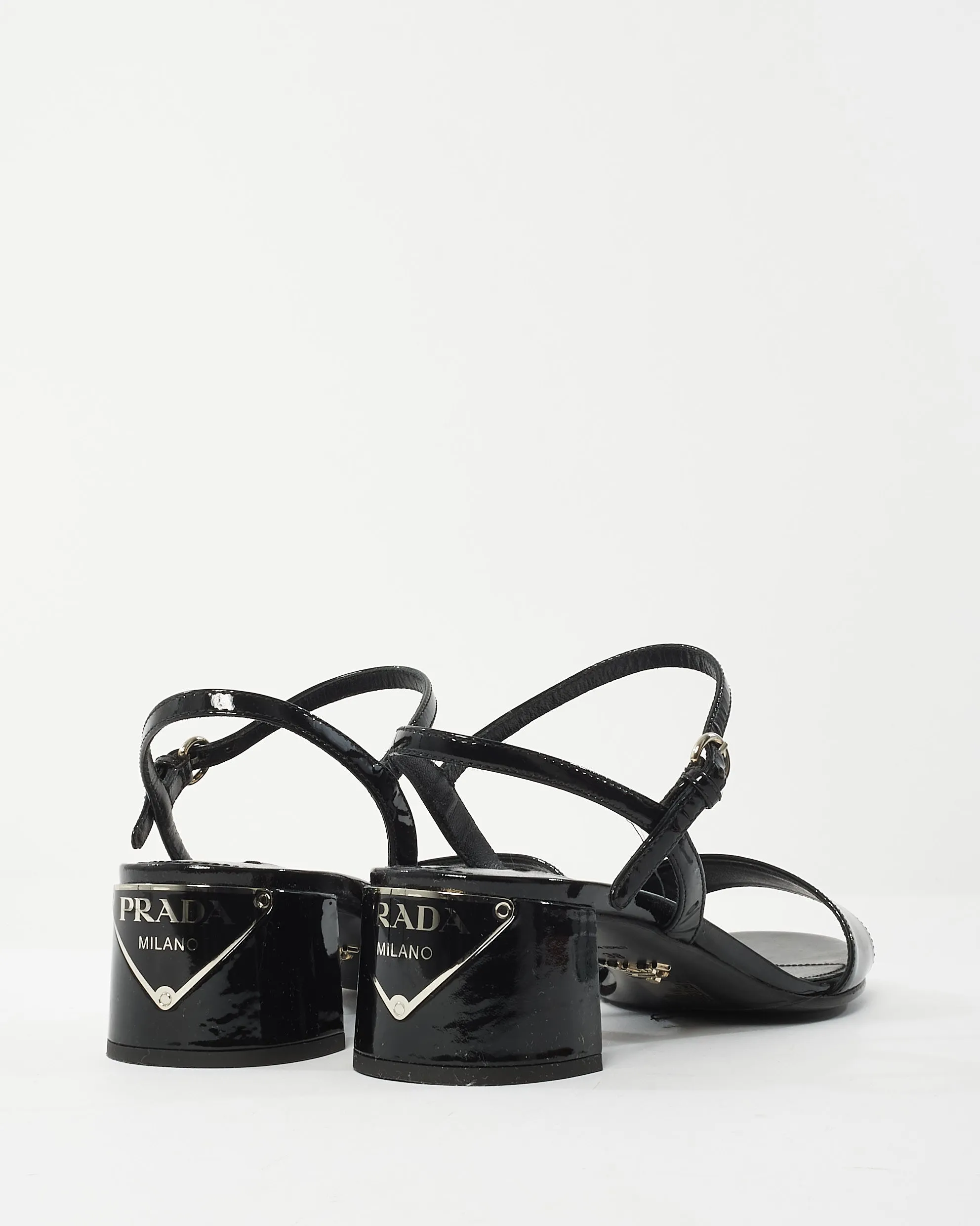 Prada Black Patent Leather Logo Block Heel Sandals - 38