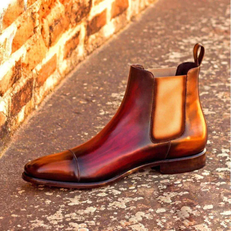 Red And Brown Patina Toe Cap Leather Slip-On Chelsea Boots Leather Sole - Boots