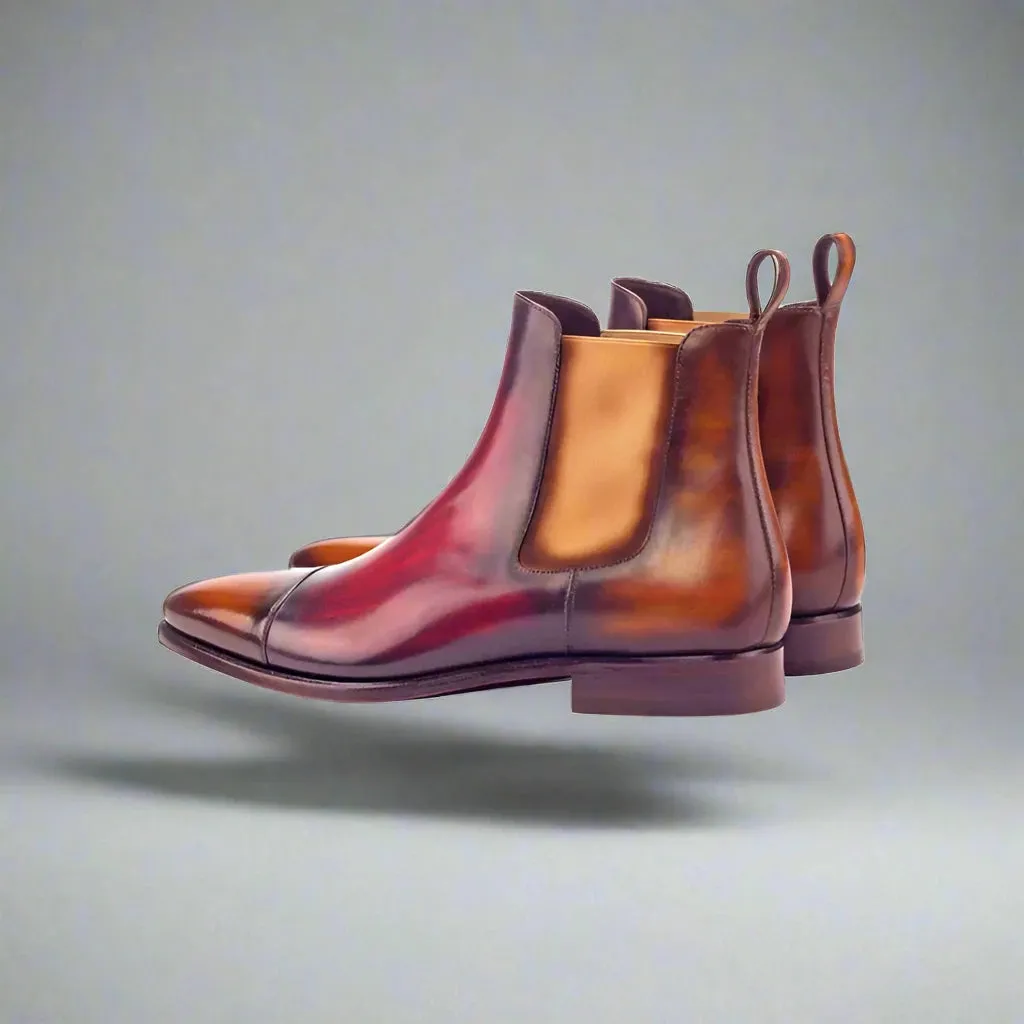 Red And Brown Patina Toe Cap Leather Slip-On Chelsea Boots Leather Sole - Boots