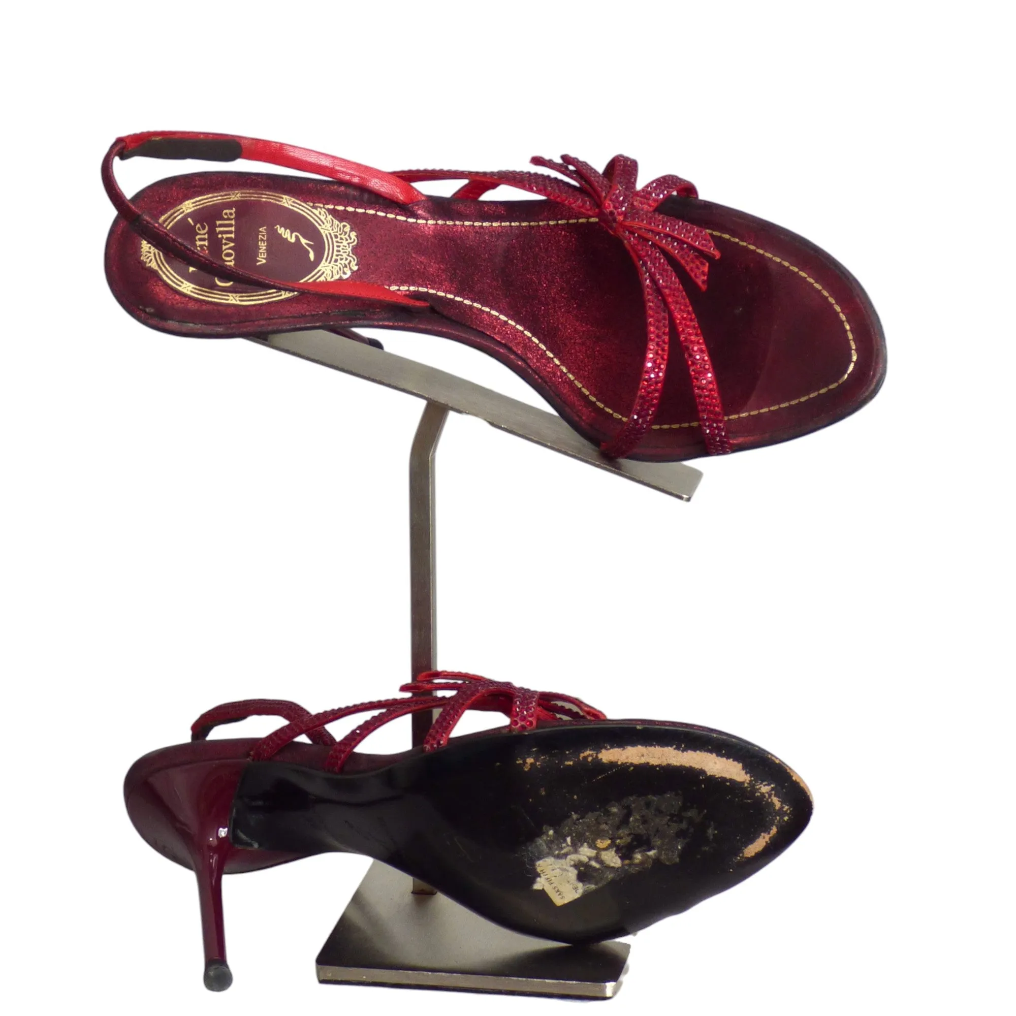 RENE CAOVILLA- Burgundy Rhinestone Evening Sandals, Size 36