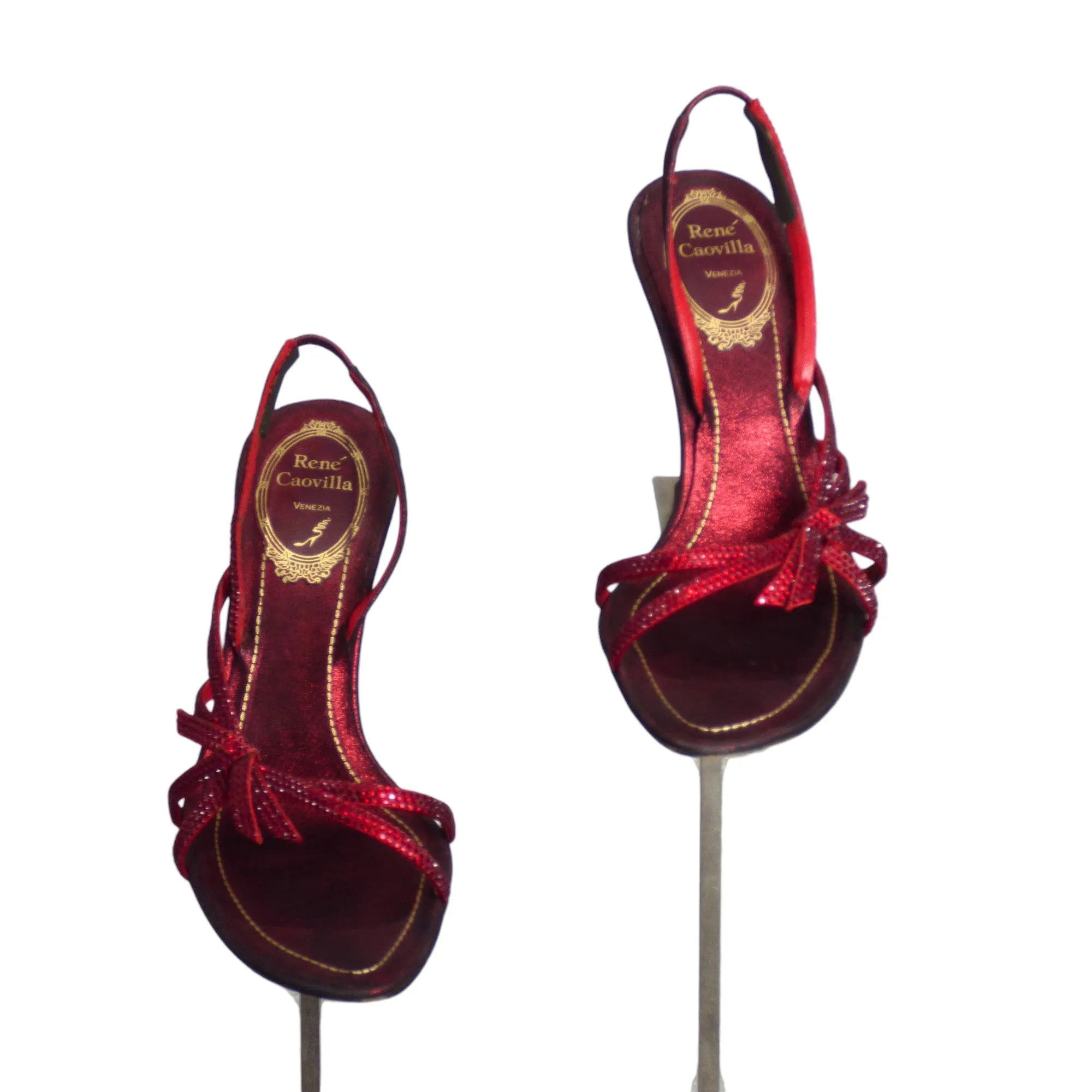 RENE CAOVILLA- Burgundy Rhinestone Evening Sandals, Size 36