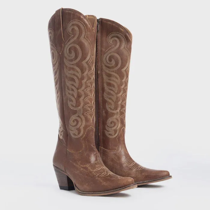 RESTOCK MYRA Brown Embroidered Leather Boots