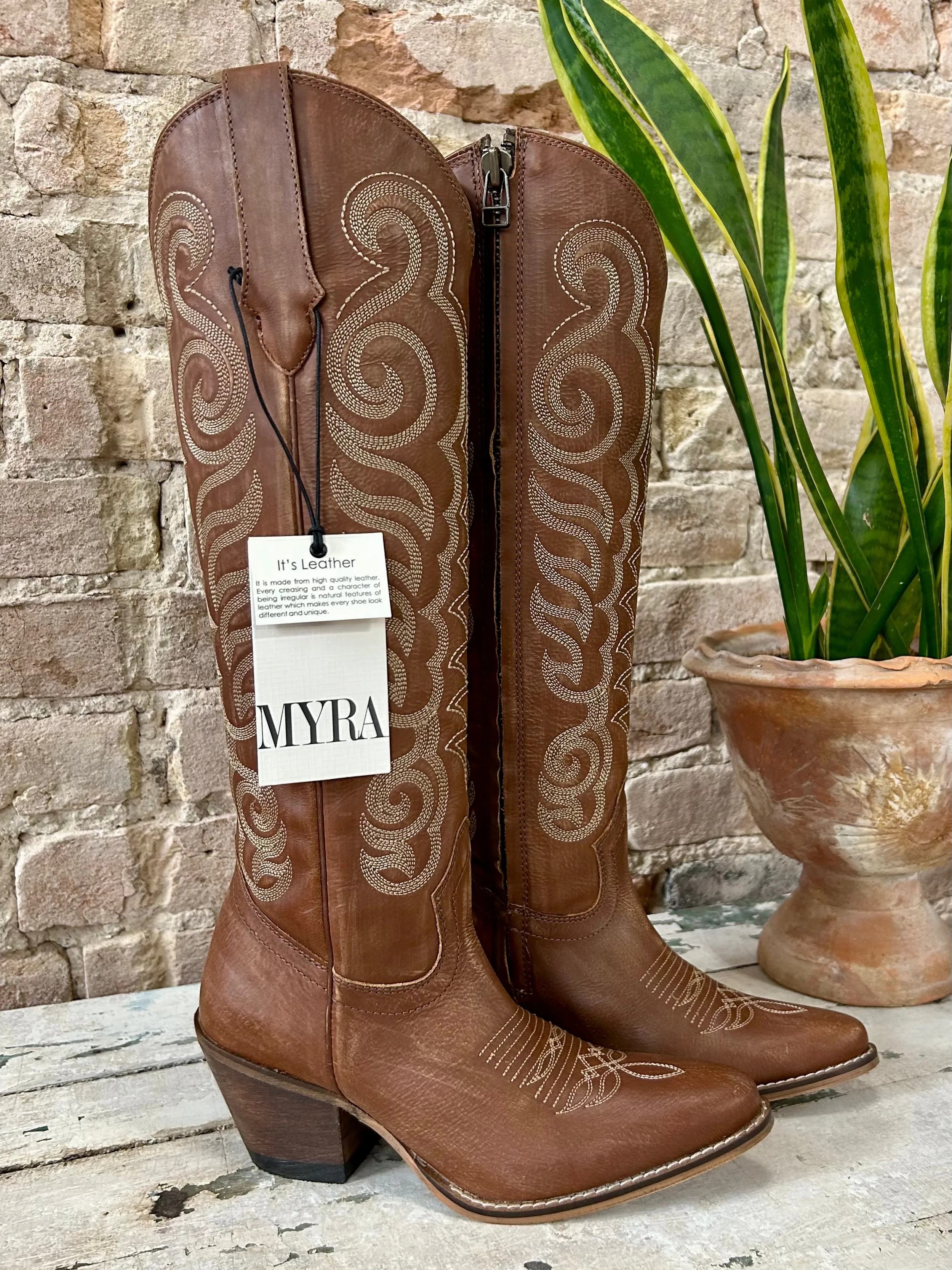 RESTOCK MYRA Brown Embroidered Leather Boots