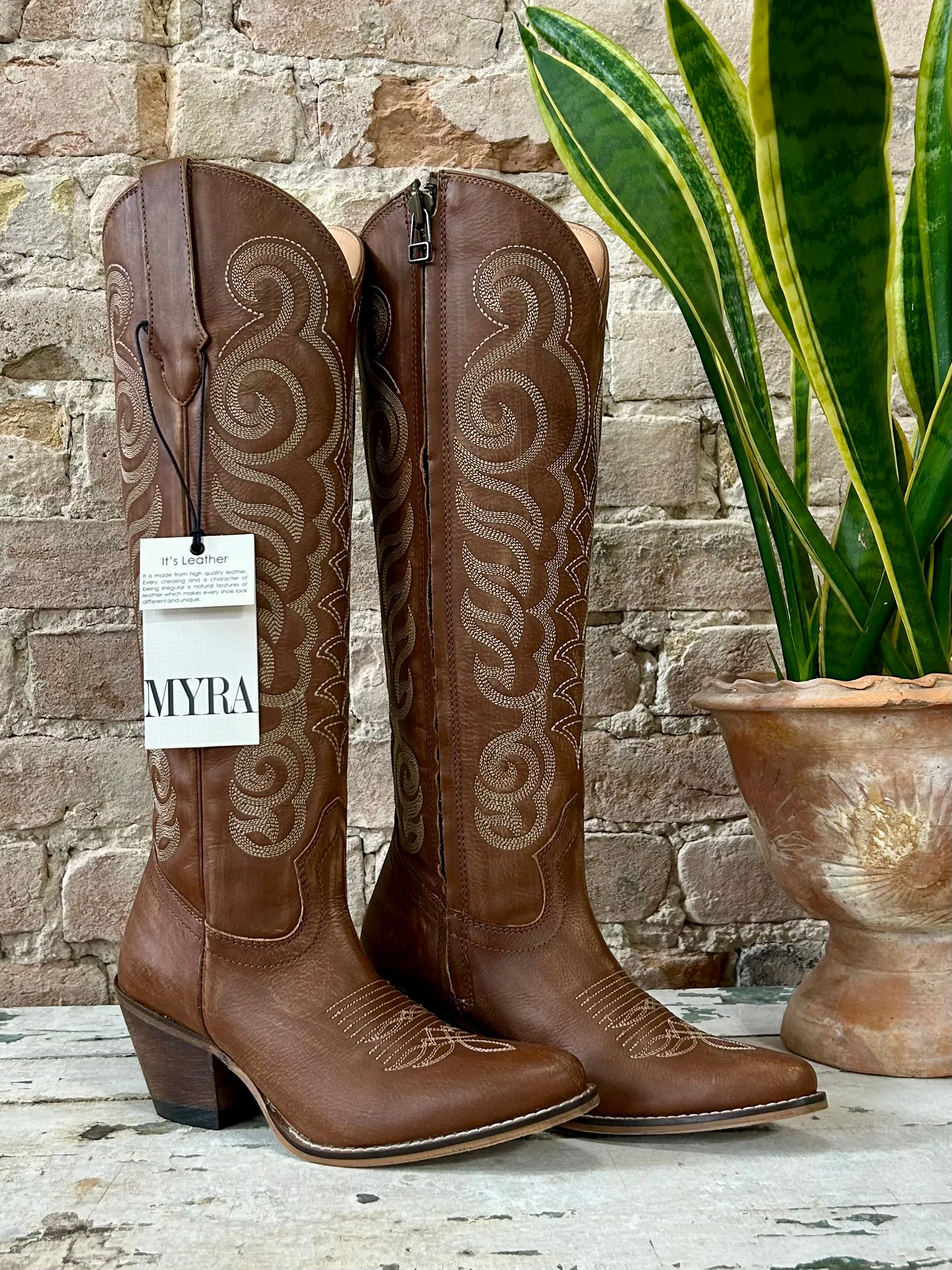 RESTOCK MYRA Brown Embroidered Leather Boots