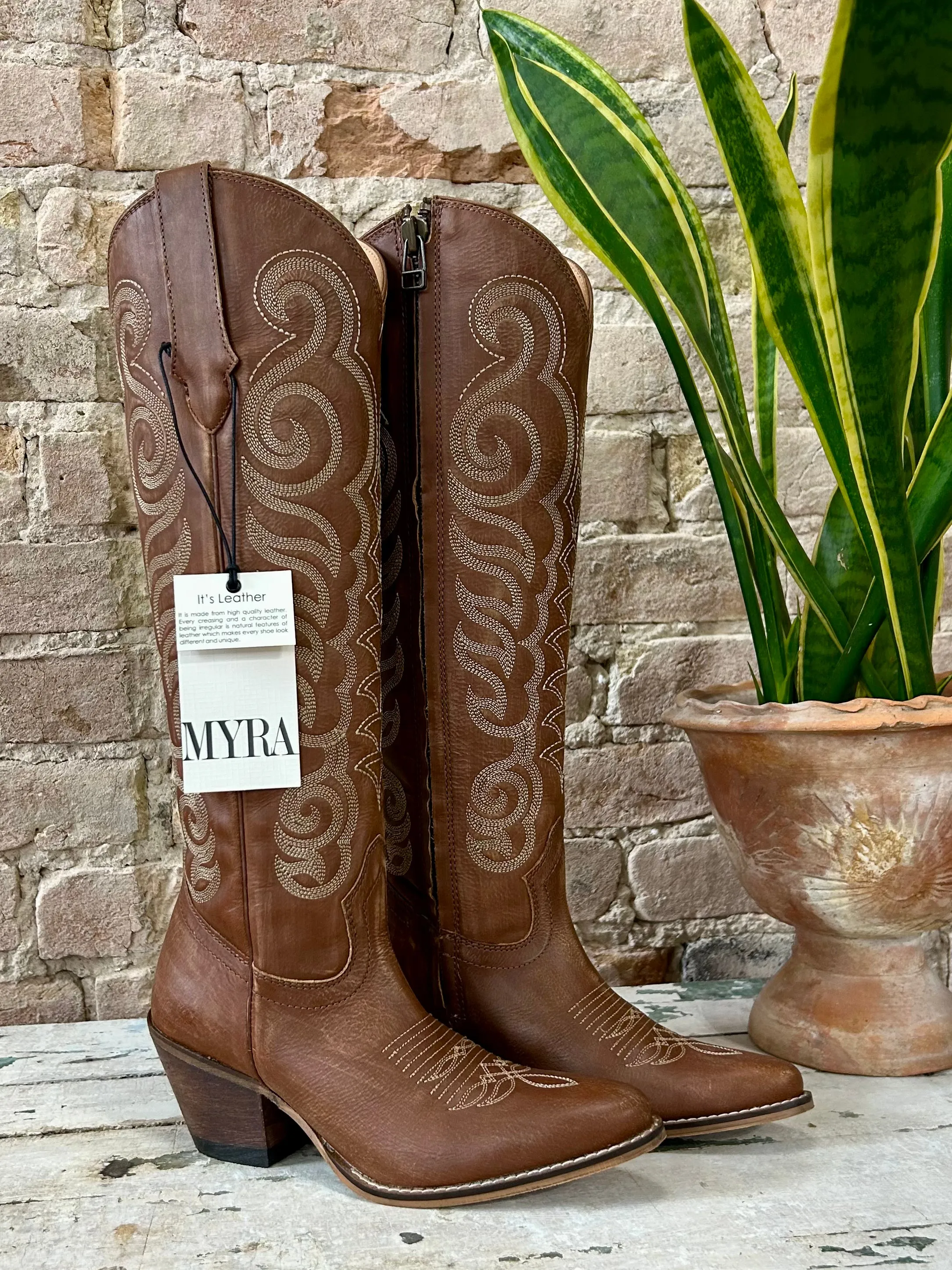 RESTOCK MYRA Brown Embroidered Leather Boots