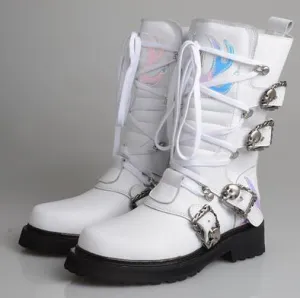 retro style knight boots women white cow leather thick bottom mid calf boot buckle belt lace up short boots women