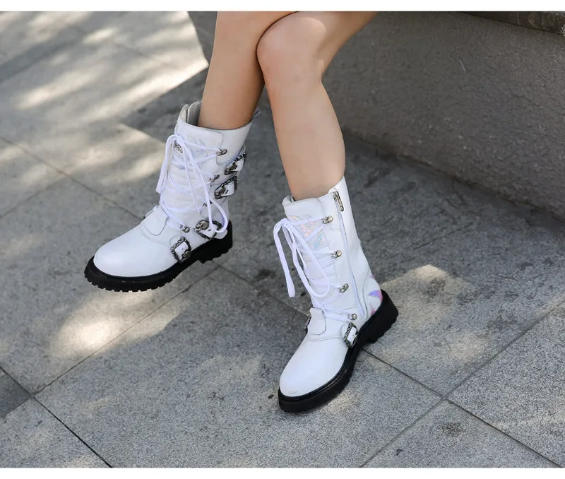 retro style knight boots women white cow leather thick bottom mid calf boot buckle belt lace up short boots women