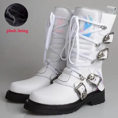 retro style knight boots women white cow leather thick bottom mid calf boot buckle belt lace up short boots women