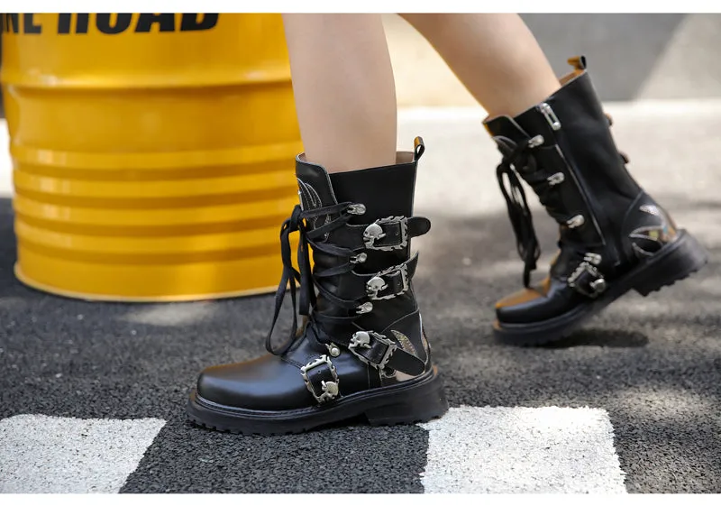 retro style knight boots women white cow leather thick bottom mid calf boot buckle belt lace up short boots women