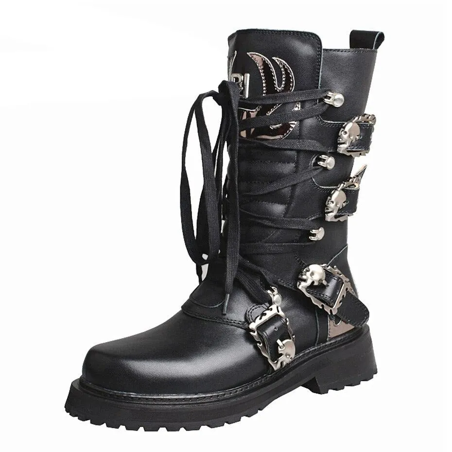 retro style knight boots women white cow leather thick bottom mid calf boot buckle belt lace up short boots women