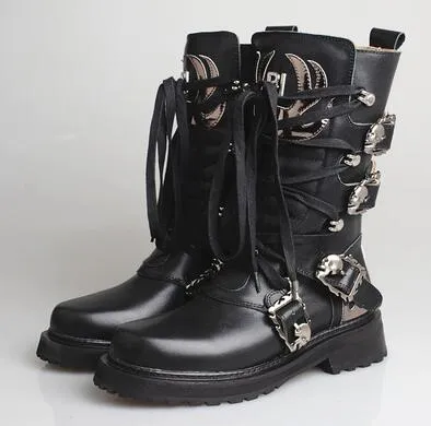 retro style knight boots women white cow leather thick bottom mid calf boot buckle belt lace up short boots women