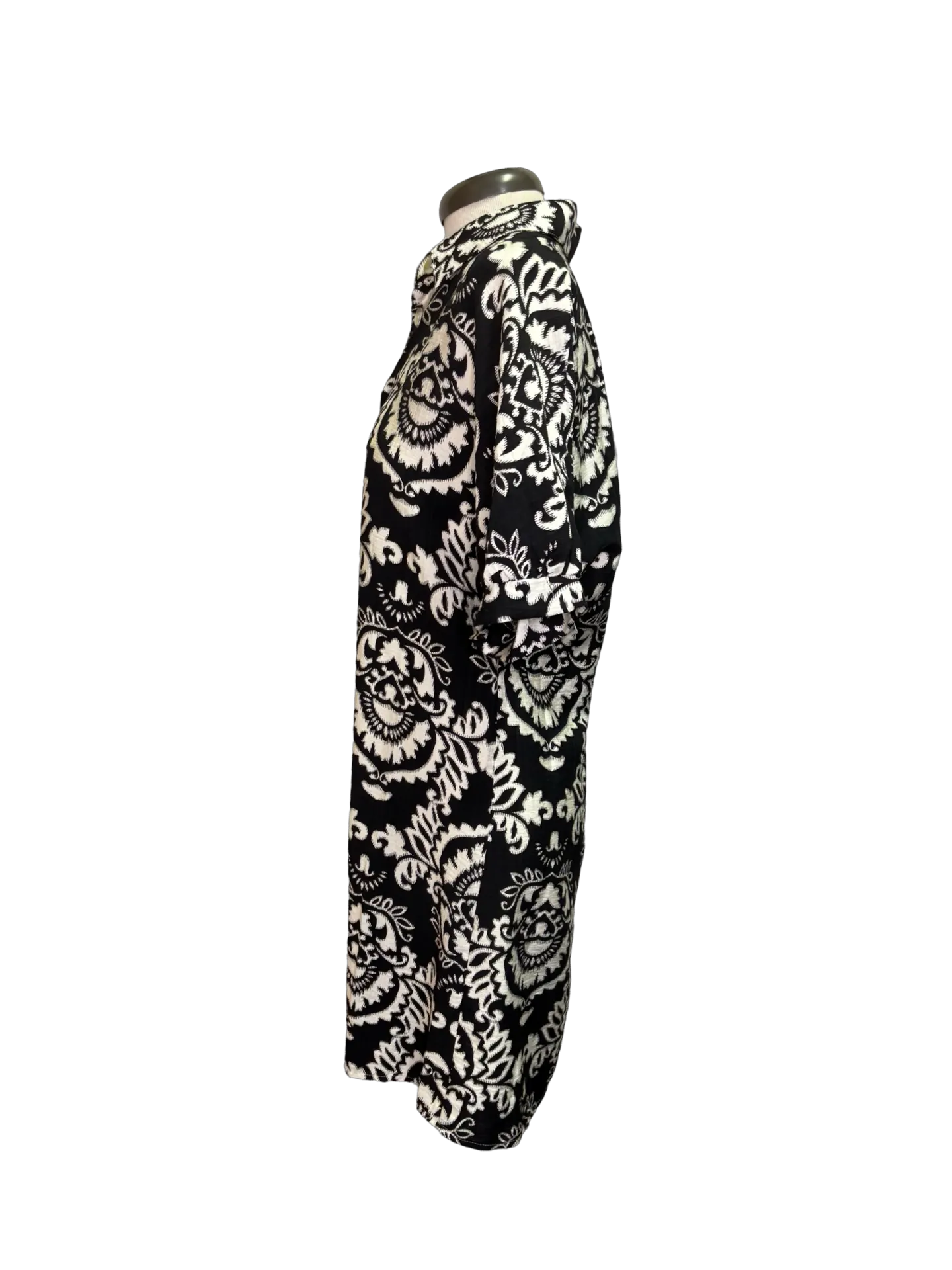 Short Sleeve Print Button Up Dress Black