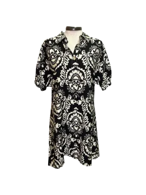 Short Sleeve Print Button Up Dress Black